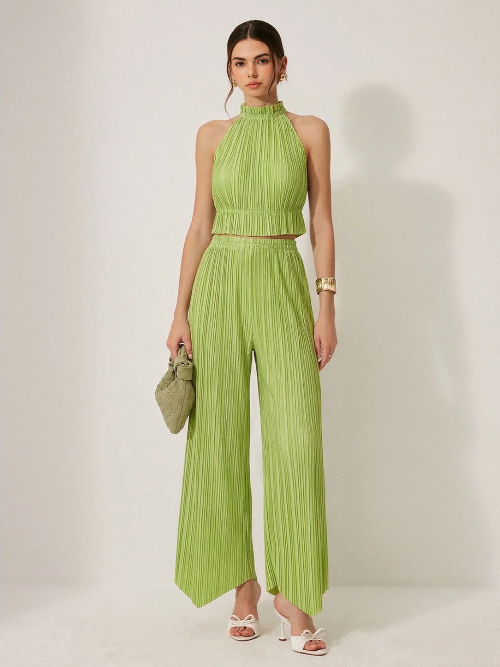 Commense Pleated Halter Crop Top & Pants Set Size XL NWT